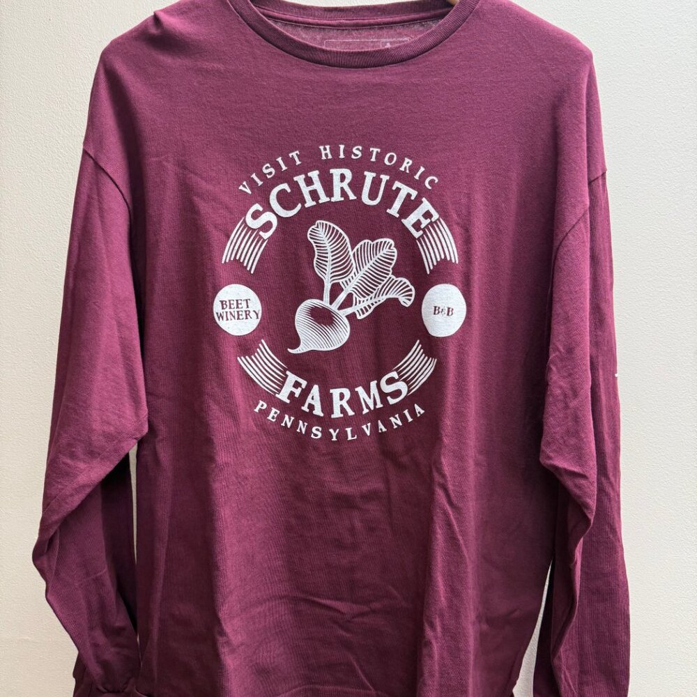 Schrute Beet Farm long sleeve shirt.  Maroon color.